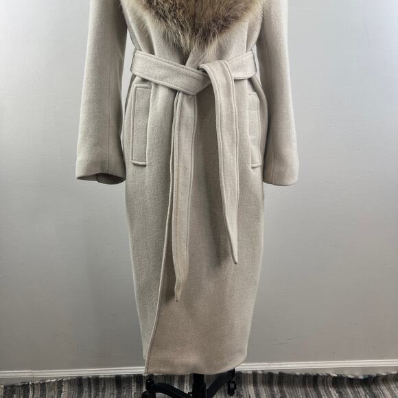 ZARA Long Wool Beige Coat Lined Knit Pockets Faux Fur Neck Back Slit Sz Medium M - Picture 3 of 12